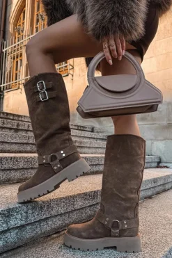 Skórzane Zamszowe Kozaki Damskie Z Klamrami Ocieplane Big Star OO274A182 Beżowe