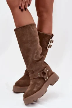 Skórzane Zamszowe Kozaki Damskie Z Klamrami Ocieplane Big Star OO274A182 Beżowe