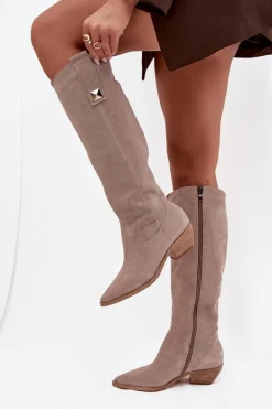 Skórzane Zamszowe Kozaki Kowbojki Ocieplane Zazoo 4224 Cappuccino