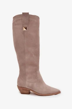 Skórzane Zamszowe Kozaki Kowbojki Ocieplane Zazoo 4224 Cappuccino