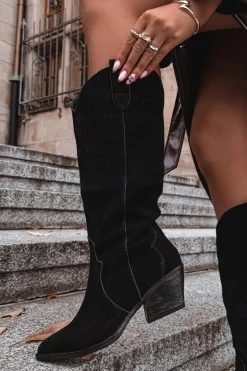 Skórzane Zamszowe Kozaki Kowbojki Damskie Ocieplane Czarne Urselle