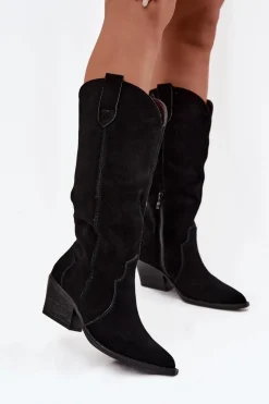 Skórzane Zamszowe Kozaki Kowbojki Damskie Ocieplane Czarne Urselle