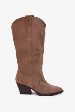 Skórzane Zamszowe Kozaki Kowbojki Damskie Ocieplane Khaki Urselle