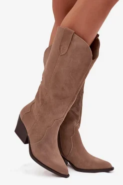 Skórzane Zamszowe Kozaki Kowbojki Damskie Ocieplane Khaki Urselle