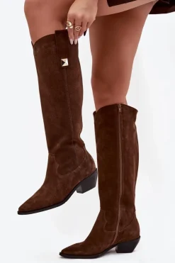 Skórzane Zamszowe Kozaki Kowbojki Ocieplane Zazoo 4224 Czekoladowe