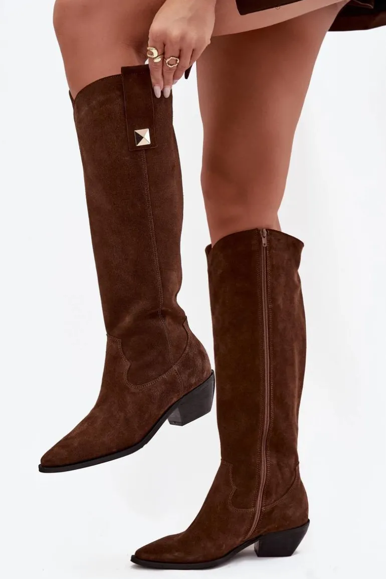 Skórzane Zamszowe Kozaki Kowbojki Ocieplane Zazoo 4224 Czekoladowe