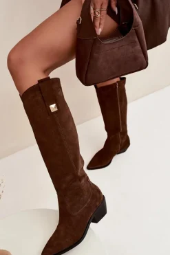 Skórzane Zamszowe Kozaki Kowbojki Ocieplane Zazoo 4224 Czekoladowe