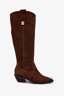 Skórzane Zamszowe Kozaki Kowbojki Ocieplane Zazoo 4224 Czekoladowe