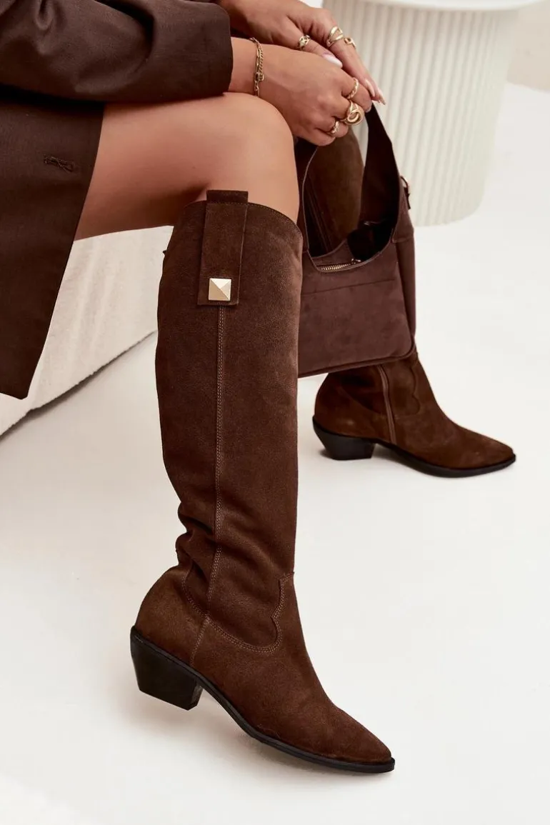 Skórzane Zamszowe Kozaki Kowbojki Ocieplane Zazoo 4224 Czekoladowe