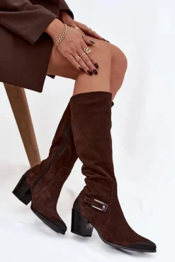 Skórzane Zamszowe Kozaki Na Obcasie Z Klamrą Ocieplane Zazoo 70156 Czekoladowe