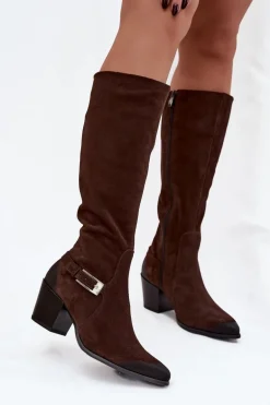 Skórzane Zamszowe Kozaki Na Obcasie Z Klamrą Ocieplane Zazoo 70156 Czekoladowe