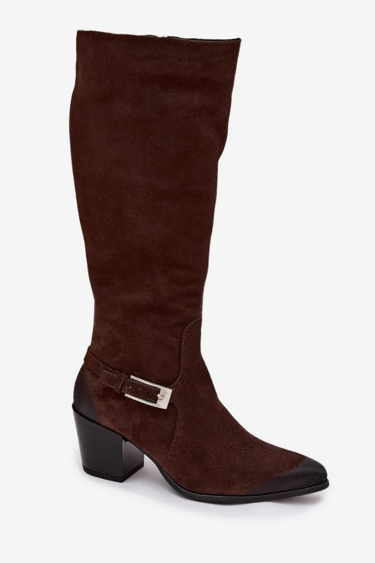 Skórzane Zamszowe Kozaki Na Obcasie Z Klamrą Ocieplane Zazoo 70156 Czekoladowe