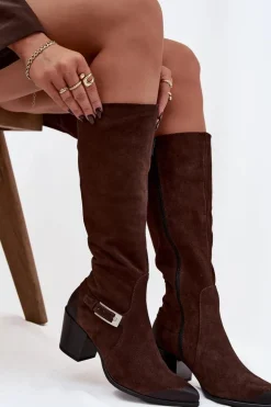 Skórzane Zamszowe Kozaki Na Obcasie Z Klamrą Ocieplane Zazoo 70156 Czekoladowe