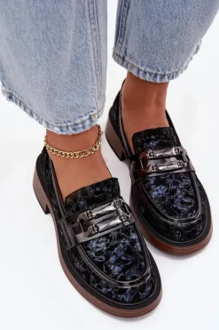 Skórzane Zamszowe Mokasyny Damskie Z Ozdobnym Detalem D&A MR52-178 Czarne