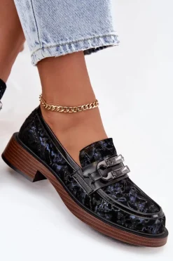 Skórzane Zamszowe Mokasyny Damskie Z Ozdobnym Detalem D&A MR52-178 Czarne