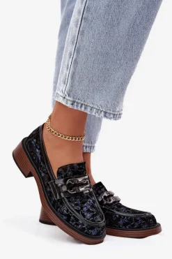 Skórzane Zamszowe Mokasyny Damskie Z Ozdobnym Detalem D&A MR52-178 Czarne