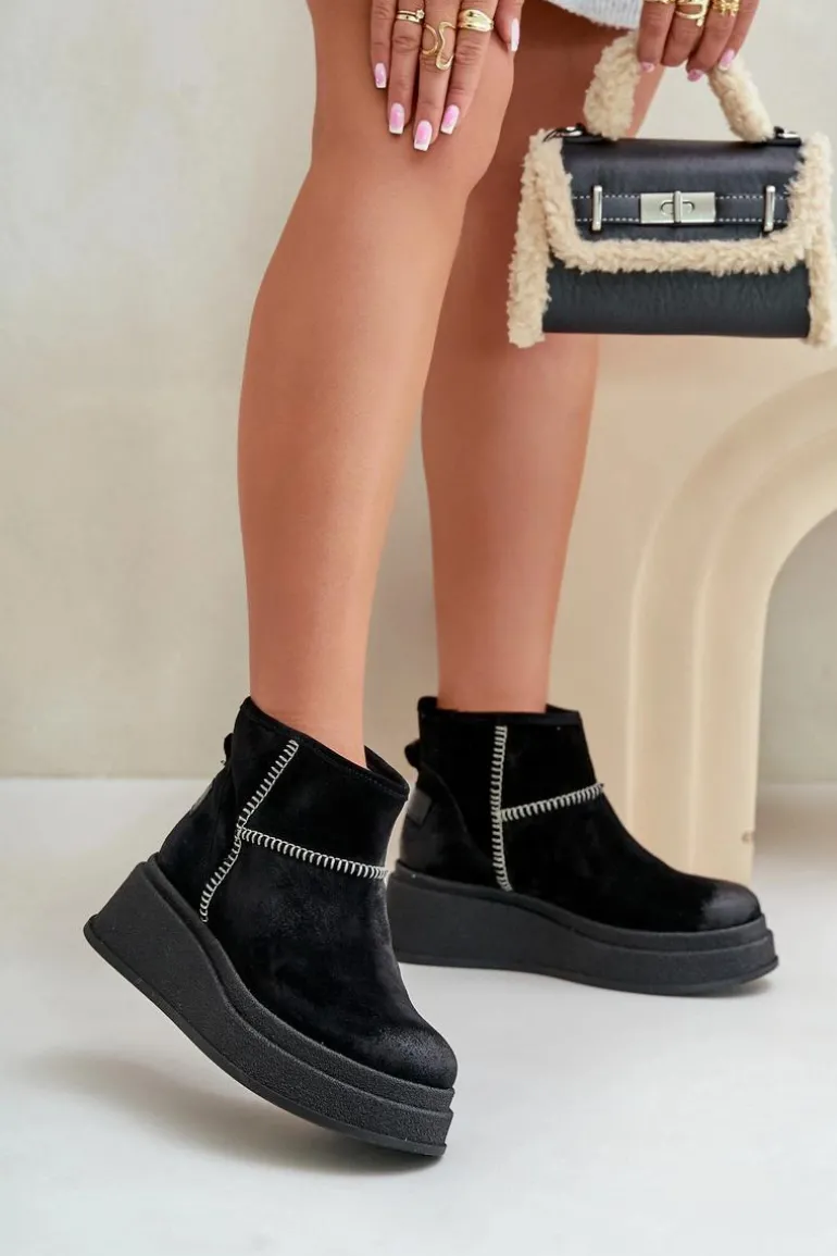 Skórzane Zamszowe Śniegowce Botki Na Platformie I Koturnie Maciejka 06769-01 Czarne