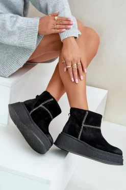 Skórzane Zamszowe Śniegowce Botki Na Platformie I Koturnie Maciejka 06769-01 Czarne
