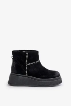 Skórzane Zamszowe Śniegowce Botki Na Platformie I Koturnie Maciejka 06769-01 Czarne