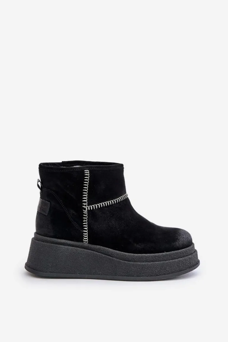 Skórzane Zamszowe Śniegowce Botki Na Platformie I Koturnie Maciejka 06769-01 Czarne