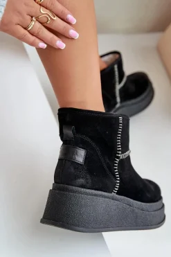 Skórzane Zamszowe Śniegowce Botki Na Platformie I Koturnie Maciejka 06769-01 Czarne
