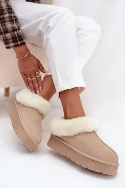 Skórzane Zamszowe Śniegowce Damskie Z Futerkiem Beżowe Mivelle