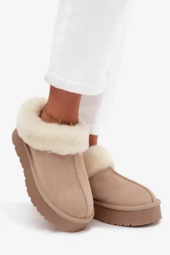 Skórzane Zamszowe Śniegowce Damskie Z Futerkiem Beżowe Mivelle