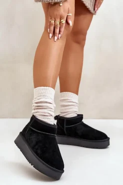 Skórzane Zamszowe Śniegowce Na Platformie Czarne Nereviana