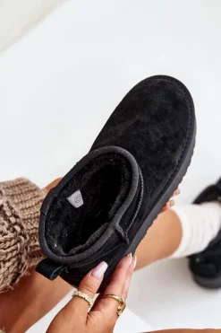 Skórzane Zamszowe Śniegowce Na Platformie Czarne Nereviana