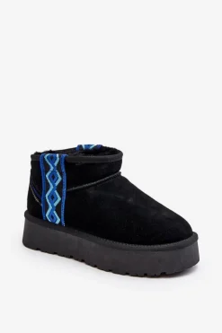 Skórzane Zamszowe Śniegowce Damskie Na Grubej Podeszwie Czarne Vebissat