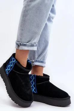 Skórzane Zamszowe Śniegowce Damskie Na Grubej Podeszwie Czarne Vebissat