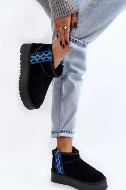 Skórzane Zamszowe Śniegowce Damskie Na Grubej Podeszwie Czarne Vebissat