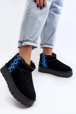 Skórzane Zamszowe Śniegowce Damskie Na Grubej Podeszwie Czarne Vebissat