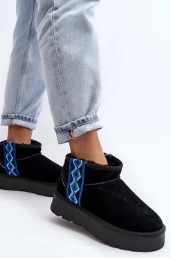 Skórzane Zamszowe Śniegowce Damskie Na Grubej Podeszwie Czarne Vebissat