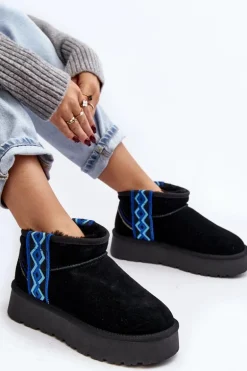 Skórzane Zamszowe Śniegowce Damskie Na Grubej Podeszwie Czarne Vebissat