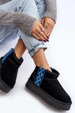 Skórzane Zamszowe Śniegowce Damskie Na Grubej Podeszwie Czarne Vebissat