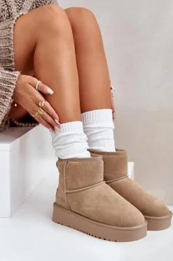 Skórzane Zamszowe Śniegowce Na Platformie Za Kostkę Beżowe Rianaella