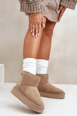 Skórzane Zamszowe Śniegowce Na Platformie Za Kostkę Beżowe Rianaella