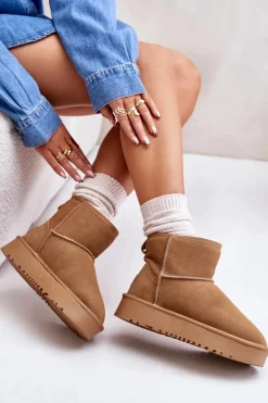 Skórzane Zamszowe Śniegowce Na Platformie Za Kostkę Camel Rianaella