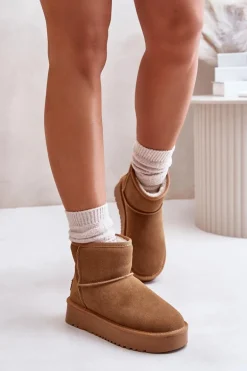 Skórzane Zamszowe Śniegowce Na Platformie Za Kostkę Camel Rianaella