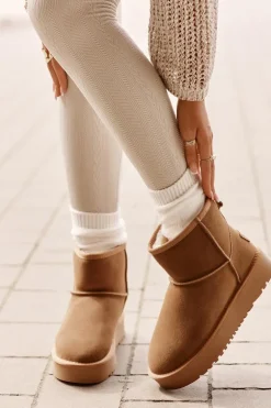 Skórzane Zamszowe Śniegowce Na Platformie Za Kostkę Camel Rianaella