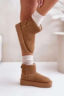 Skórzane Zamszowe Śniegowce Na Platformie Za Kostkę Camel Rianaella