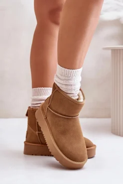 Skórzane Zamszowe Śniegowce Na Platformie Za Kostkę Camel Rianaella