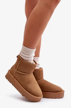 Skórzane Zamszowe Śniegowce Na Platformie Za Kostkę Camel Rianaella