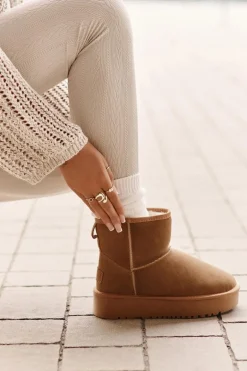 Skórzane Zamszowe Śniegowce Na Platformie Za Kostkę Camel Rianaella