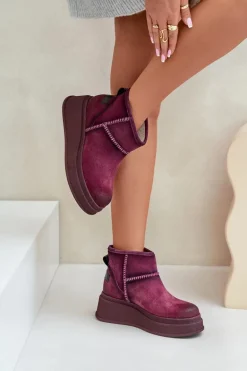 Skórzane Zamszowe Śniegowce Botki Na Platformie I Koturnie Maciejka 06769-23 Bordowe