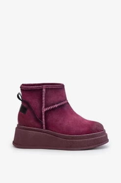 Skórzane Zamszowe Śniegowce Botki Na Platformie I Koturnie Maciejka 06769-23 Bordowe