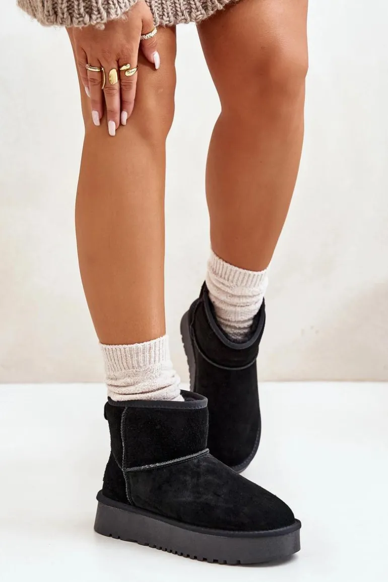 Skórzane Zamszowe Śniegowce Na Platformie Za Kostkę Czarne Rianaella