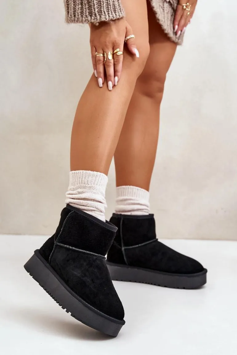 Skórzane Zamszowe Śniegowce Na Platformie Za Kostkę Czarne Rianaella