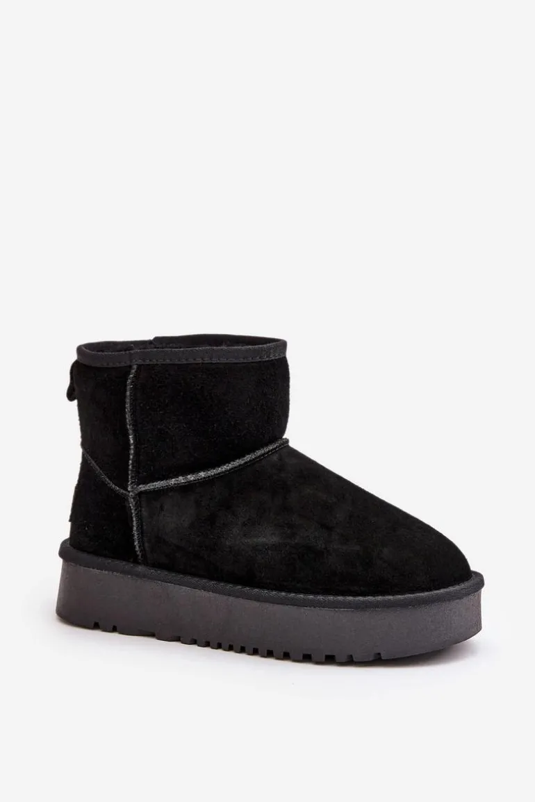 Skórzane Zamszowe Śniegowce Na Platformie Za Kostkę Czarne Rianaella